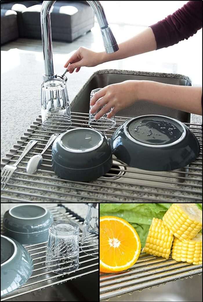Attom Tech Home Roll Up Dish Racks Multipurpose Foldable Stainless Steel, 17.7" x 15.5" Large - Image 4