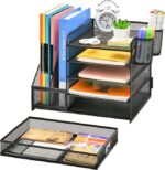 5-Tier Paper Letter Tray Organizer with Drawer and 2 Pen Holder, Marbrasse Desk Organizer with File Holder (Black) - Image 4